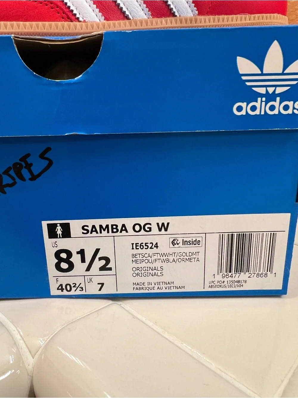 Samba OG, BRIGHT RED w WHITE STRIPES, Women’s Size 8.5-Men’s 7.5, BRAND NEW